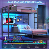 DICTAC Bunk Bed Twin Over Twin Size with Desk and Charging Station L-Shaped Metal Bunk Bed with Led Lights & Storage Shelves and Drawers Twin Size Loft Bed for Teen,Safety Guardrail and Ladder,Black DICTAC