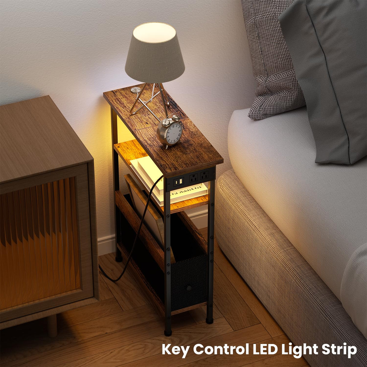 Creso hom Narrow Side Table with Charging Station and LED Light, End Table with 1 Fabric Drawer, Skinny Nightstand with USB Ports & Type-C, Slim Bedside Table for Bedroom, Living Room, Rustic Brown Creso hom