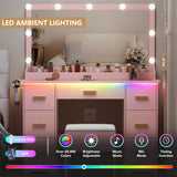 Makeup Vanity Desk with RGB LED Lights,Glass Top Vanity Desk with Mirror and Lights & Charging Station, 5 Drawers Vanity Mirror with Lights Desk and Chair for Women 3 Lightings Mode Adjusted, Pink HUANLEGO