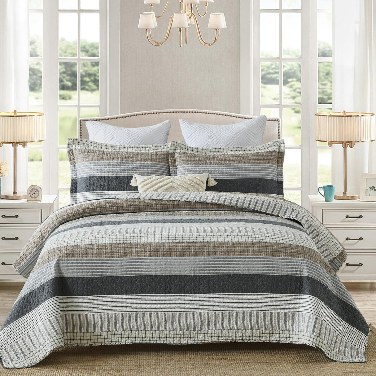 Y-PLWOMEN Quilts Queen Size 100% Cotton Queen Quilt, 3 Piece Striped Quilt Sets, Farmhouse Bedspread Lightweight Comforter Cozy Bedding Set for All Season Y-PLWOMEN