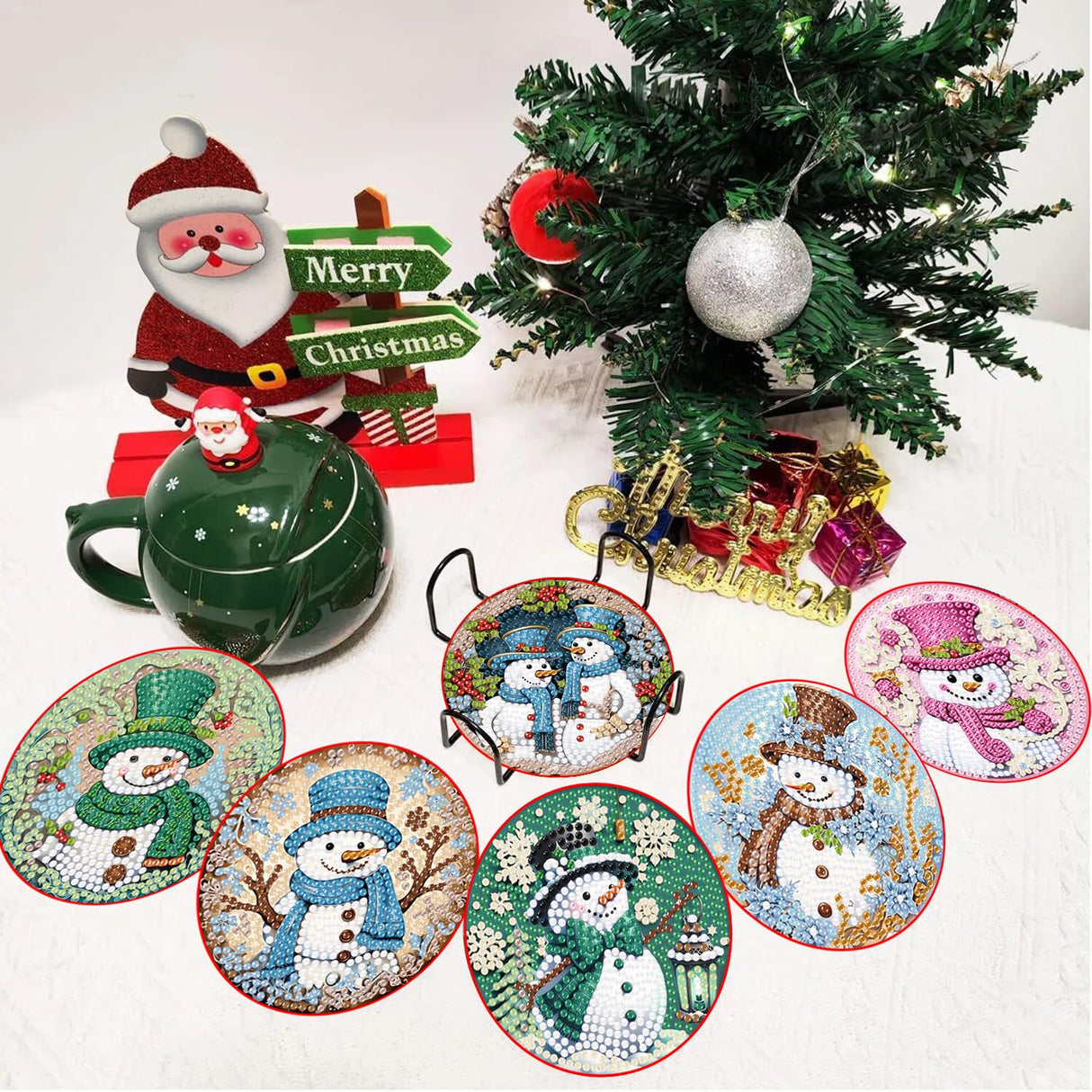 8 Pcs Christmas Diamond Painting Coasters Kits with Holder,DIY Snowman Diamond Art Coaster Kits for Adults & Kids,Paint with Diamonds Coasters Craft Supplies for Holiday Decor Gifts Apcufir
