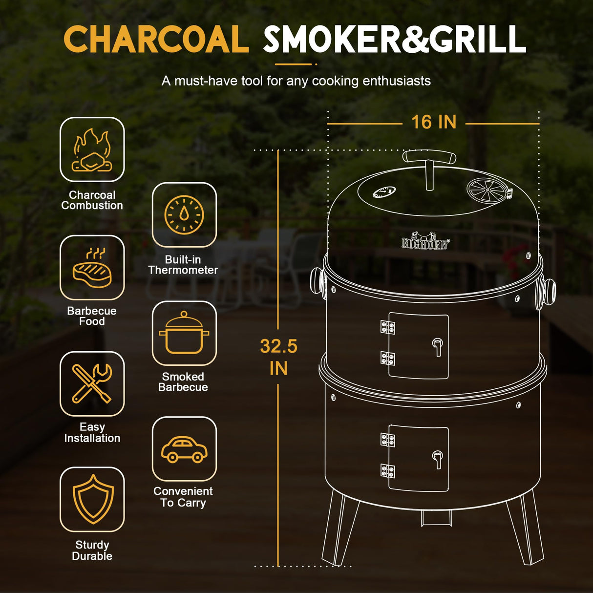 BIG HORN OUTDOORS 16 inch Charcoal Smoker, Vertical BBQ Grill, Heavy Duty 4 In 1 Fire Pit with Built-in Thermometer & Adjustable Vent System for Backyard Patio Camping BIG HORN OUTDOORS