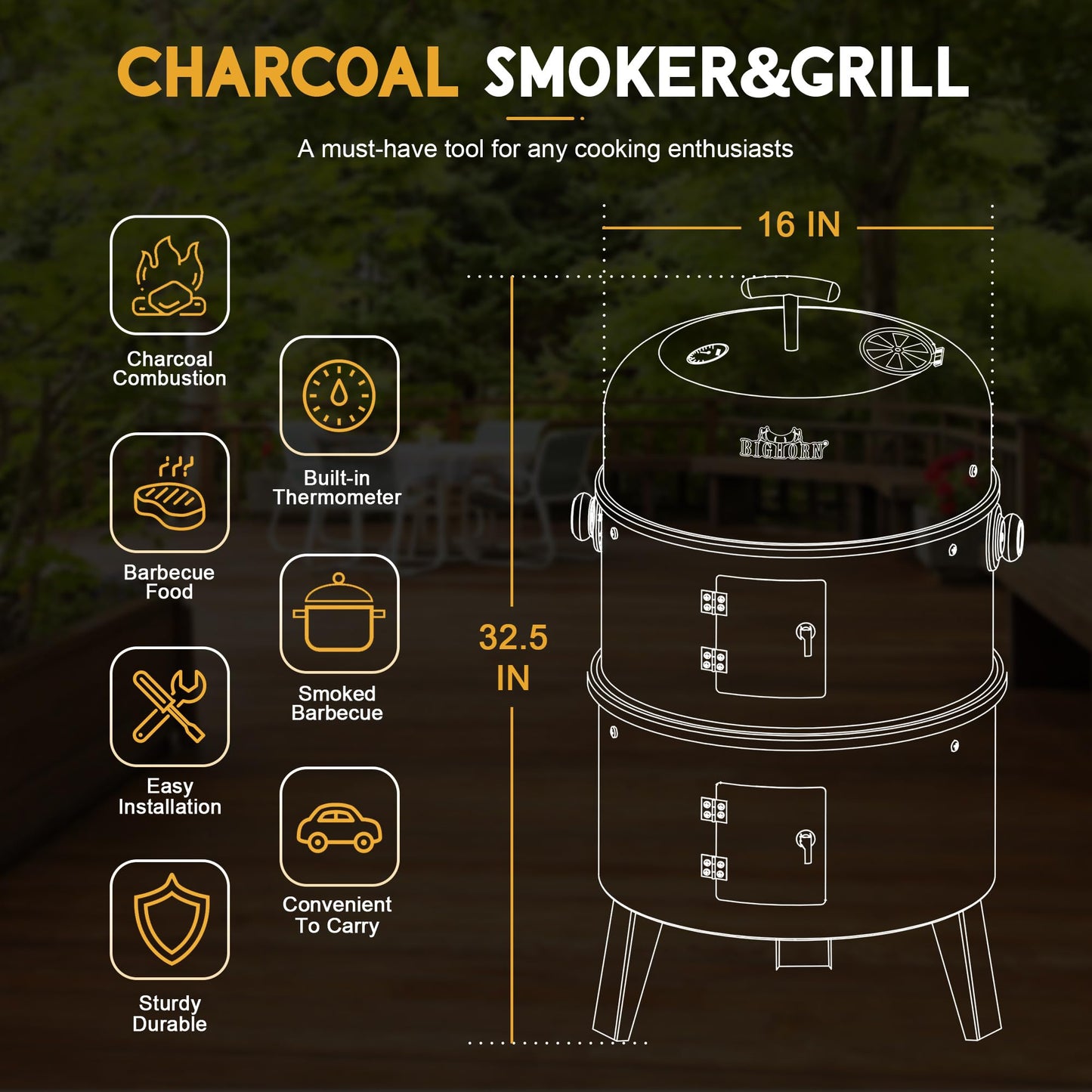 BIG HORN OUTDOORS 16 inch Charcoal Smoker, Vertical BBQ Grill, Heavy Duty 4 In 1 Fire Pit with Built-in Thermometer & Adjustable Vent System for Backyard Patio Camping