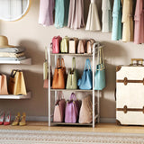 White Purse Organizer, 3-Tier Floor Standing Bag Rack Stand Featuring Side Hooks and Baskets, Adjustable Feets, High Capacity Metal & Wood Handbag Holder Design for Closet Storage, Patent Pending koozuuyk