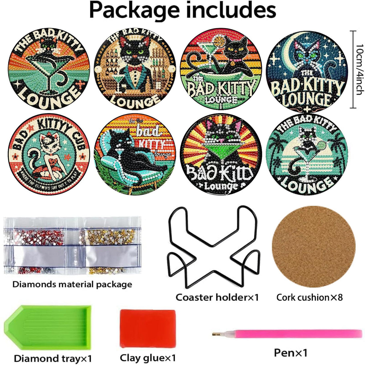 Yijingtop 8PCS Funny Cat Diamond Painting Coaster Kit with Holder,Bad Kitty Diamond Art Coasters,Crafts Kits for DIY Coasters Diamond Art Kits for Adults Yijingtop