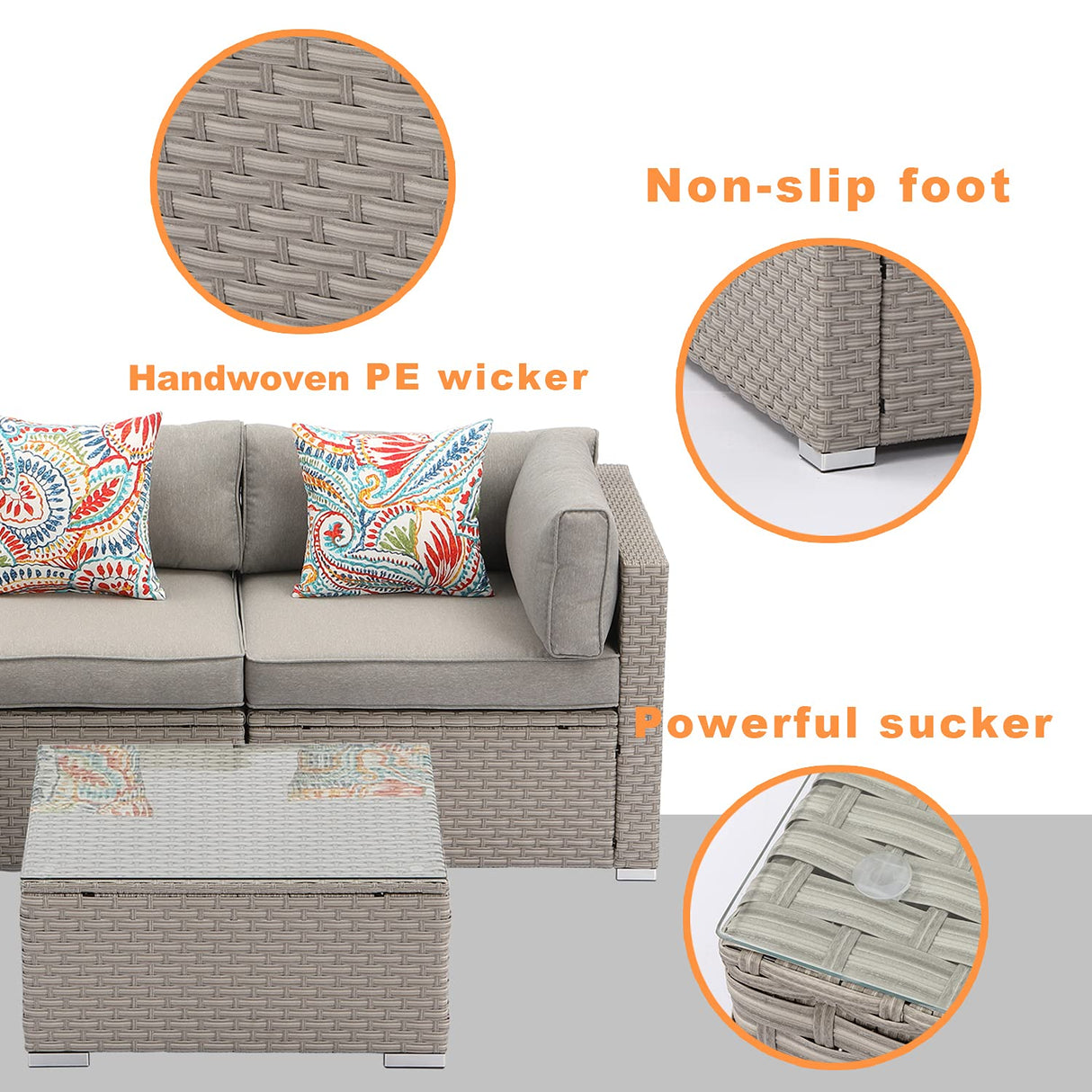 COSIEST 7-Piece Outdoor Furniture Warm Gray Wicker Family Sectional Sofa w Thick Cushions, Glass Top Coffee Table, 2 Ottomans, 4 Floral Fantasy Pillows for Garden, Pool, Backyard COSIEST