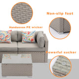 COSIEST 7-Piece Outdoor Furniture Warm Gray Wicker Family Sectional Sofa w Thick Cushions, Glass Top Coffee Table, 2 Ottomans, 4 Floral Fantasy Pillows for Garden, Pool, Backyard COSIEST