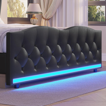 Elegant ADORNEVE Queen Size LED Bed Frame with Tall Wingback Headboard, Footboard, and Charging Station in Black PU Leather - WoodArtSupply