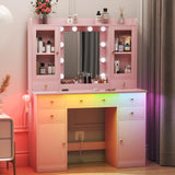 HUANLEGO Vanity Desk with Mirror and Lights, Pink Vanity Mirror with Lights Desk and Chair &7 Drawers, Cabinets Makeup Vanity Table with with Stool for Bedroom 3 Lights Mode and Brightness Adjusted HUANLEGO