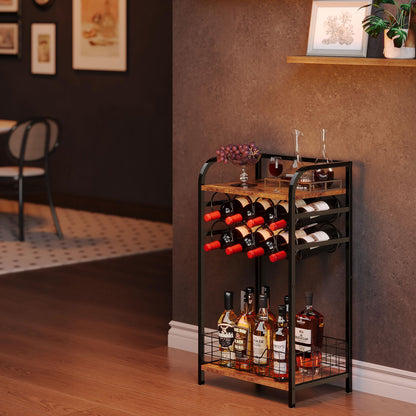 3-Tier Wine Bar Table: Small Liquor Bottle Holder with 8-Bottle Wine Rack Mini Wine Bar Cabinet Corner Whiskey Display Shelf Floor Liquor Storage Bar for Home Living Room