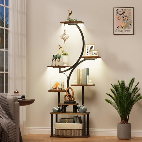 BECOKOME Bookshelf with Lights - 62" Unique Tall Bookshelves, 8 Tier Lighted Book Shelf for Collectibles, Modern Narrow Display Shelf, S-Shaped ladder Book Stands for Bedroom Living Room, Rustic Brown BECOKOME