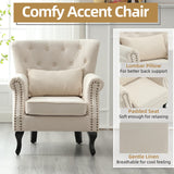 ABET Linen Wingback Chair Set of 2, Upholstered Club Chair for Living Room, Modern Rivet Trim Accent Armchair with Removable Lumbar Pillow, Comfy Single Sofa for Living Reading Room, Beige ABET