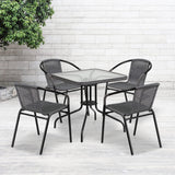 Flash Furniture 5-Piece 28" Square Indoor/Outdoor Patio Table and Chairs Set, Glass Metal Bistro Table and 4 Stacking Rattan Chairs, Gray Flash Furniture