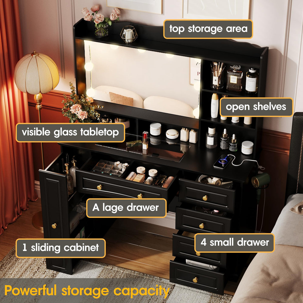 Maupvit Makeup Vanity with Mirror and Lights,Black Vanity Desk with Drawers and Shelves，Large Makeup Table with Glass Top，Bedroom Dressing Table,47.1in Maupvit