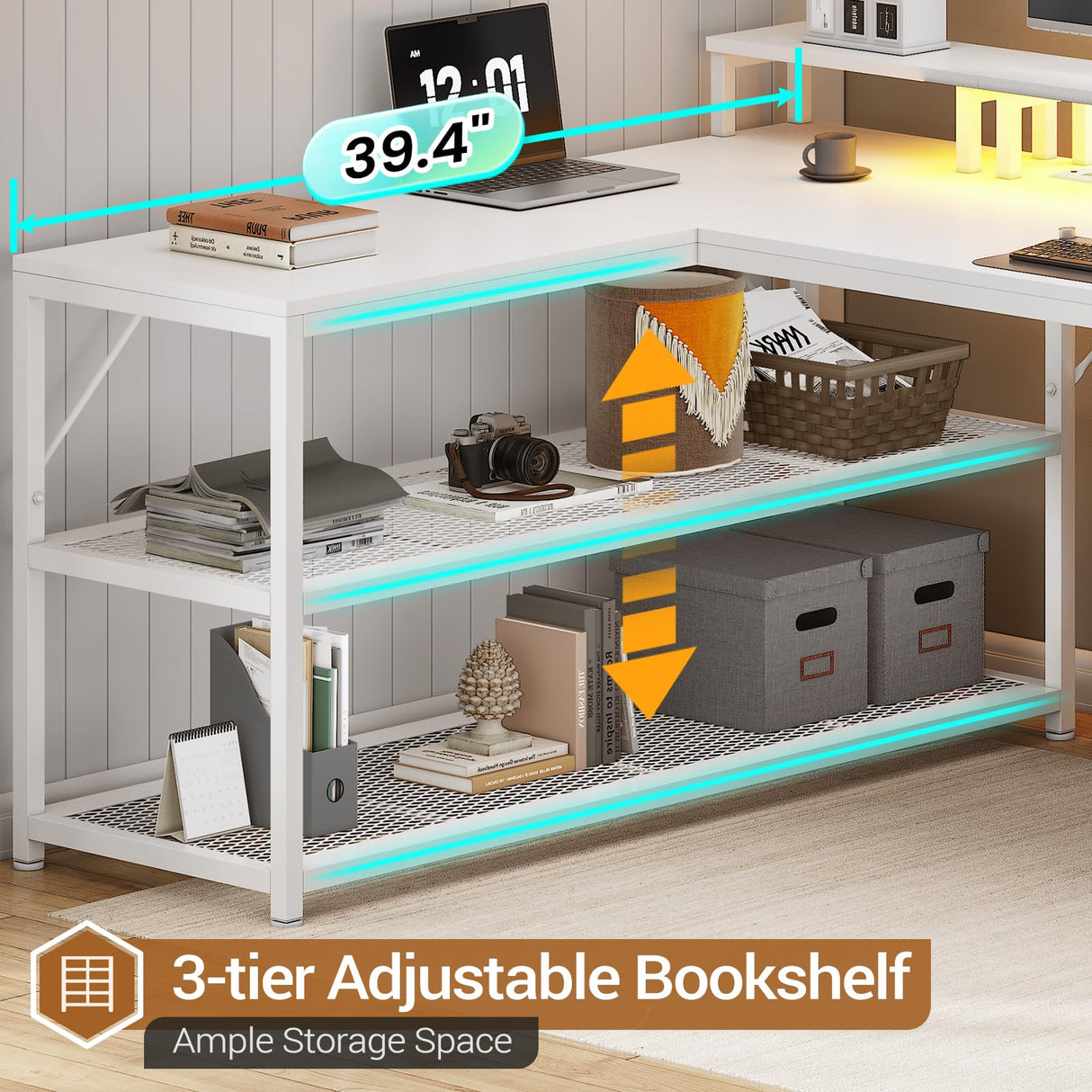 SEDETA 67" L Shaped Desk with Drawers, Computer Office Desk with Storage Shelves & Power Outlet, Reversible Gaming Desk with LED Lights for Home Office, White SEDETA