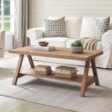 Farmhouse Coffee Table,Solid Wood Center Tables with Storage Shelves & Sturdy A-Shaped Legs, Modern Rustic 2-Tier Rectangular Table for Living Room and Office, Natural WINWY