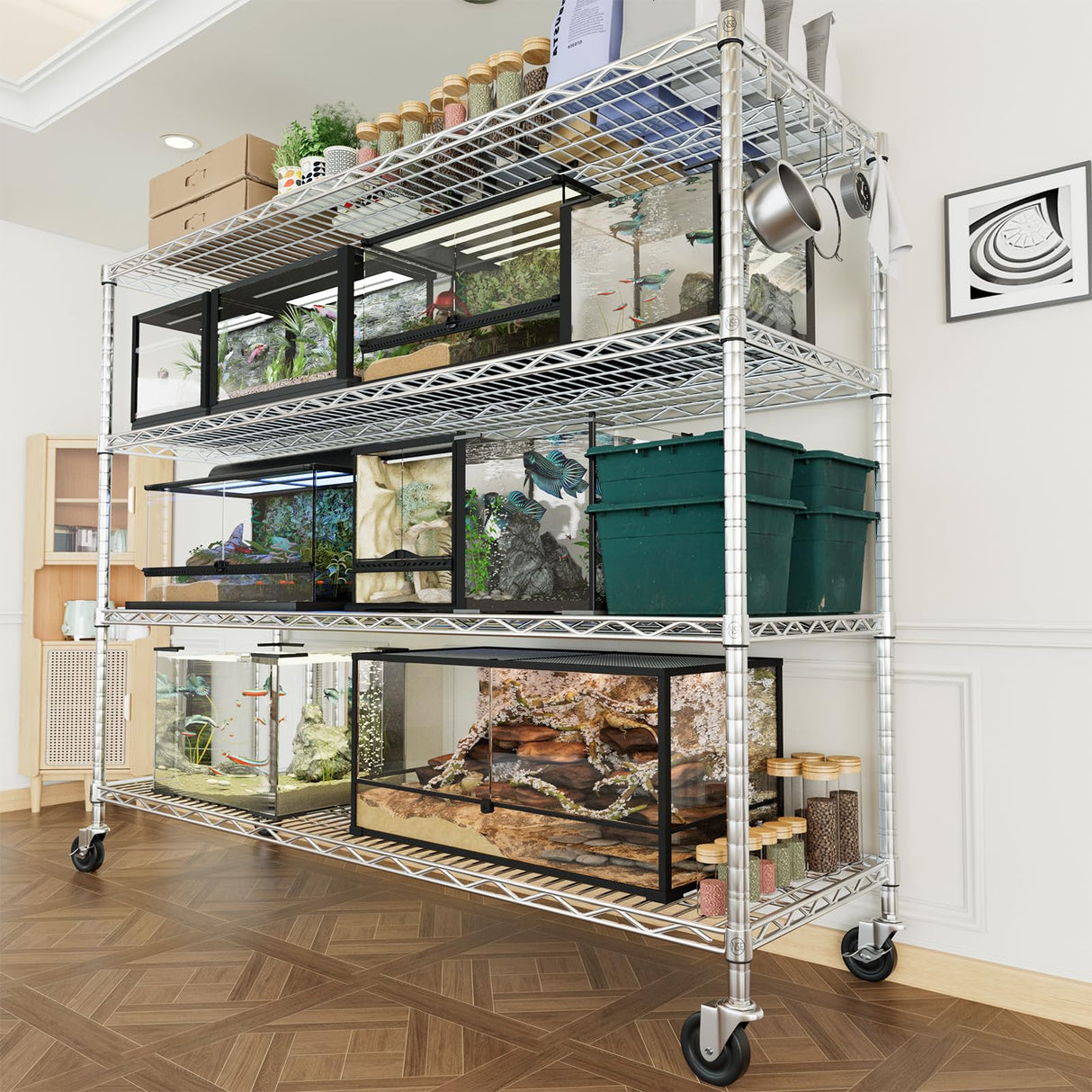 PrimeZone 4 Tier 55.5" Wx24 Dx76 H Wire Shelving with Wheels 2400lbs NSF Certified Storage Shelves Heavy Duty Metal Shelf Adjustable Rolling Rack Commercial Garage Restaurant Warehouse Kitchen Chrome PrimeZone