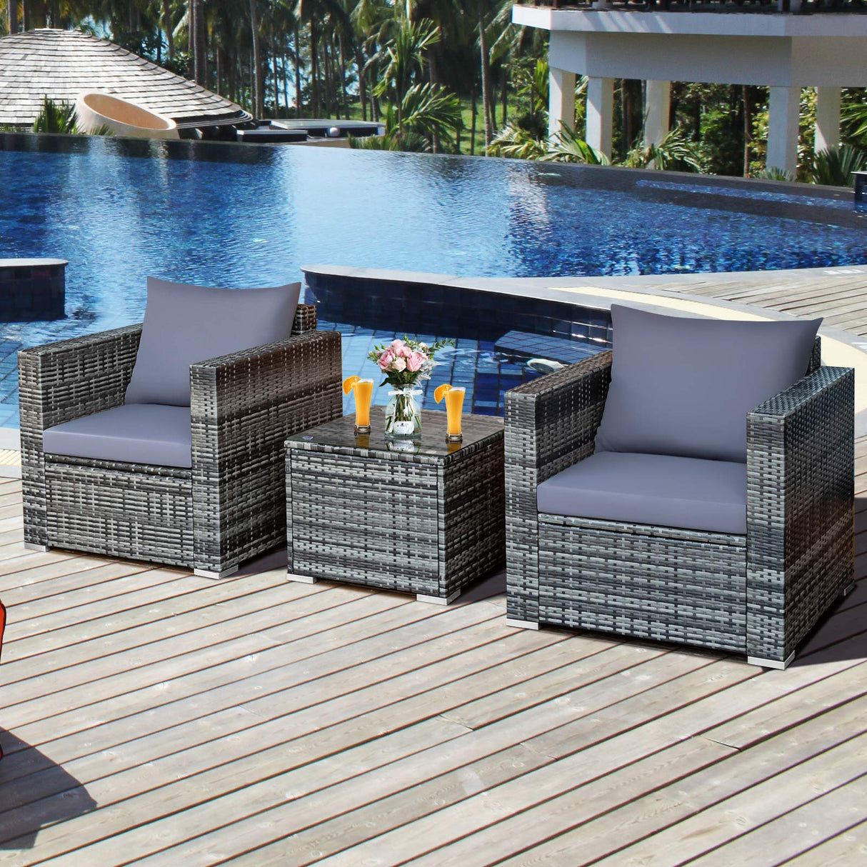 Tangkula 3 Pieces Patio Furniture Set, PE Rattan Wicker Sofa Set w/Washable Cushion and Tempered Glass Tabletop, Outdoor Conversation Furniture for Garden Poolside Balcony Tangkula