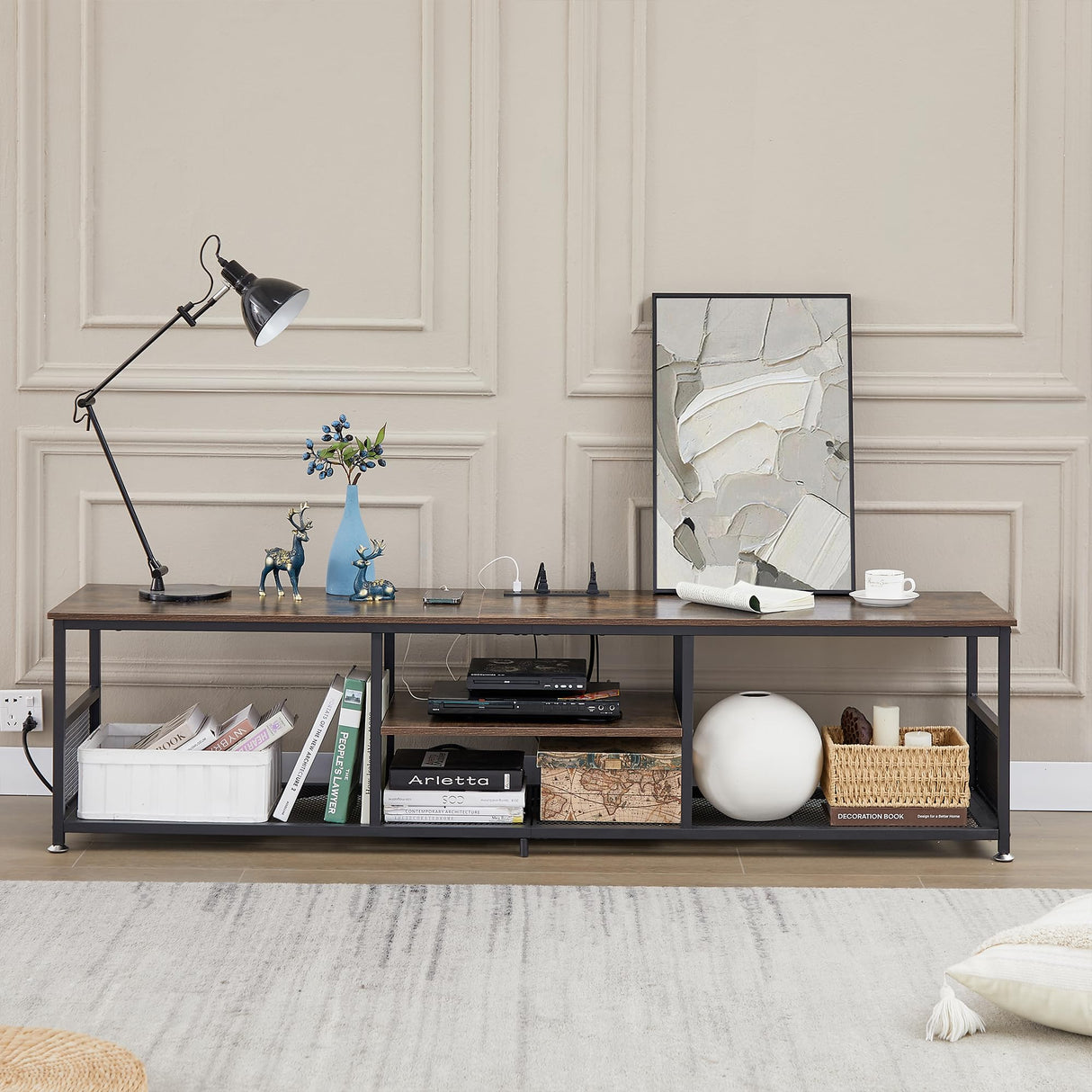 VECELO TV Stand with Power Outlets for Televisions up to 80 Inch,70" Media Entertainment Center with Charging Station 3-Tier Open Storage Shelves with Metal Frame for Living Room/Bedroom，Brown VECELO