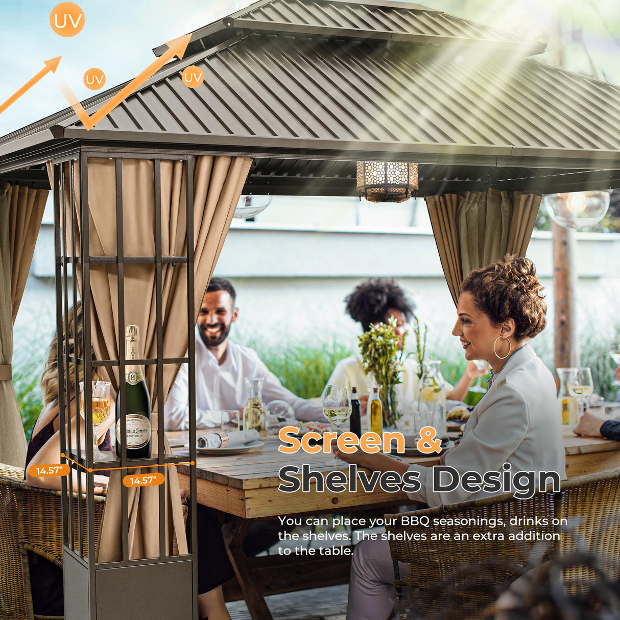 HAPPATIO 10' x 12' Hardtop Gazebo, Outdoor Gazebo with Netting and Curtains, Double Roof Permanent Patio Metal Gazebo Canopy with Storage Shelf for Patio, Deck, Backyard (Brown) HAPPATIO