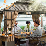 HAPPATIO 10' x 12' Hardtop Gazebo, Outdoor Gazebo with Netting and Curtains, Double Roof Permanent Patio Metal Gazebo Canopy with Storage Shelf for Patio, Deck, Backyard (Brown) HAPPATIO