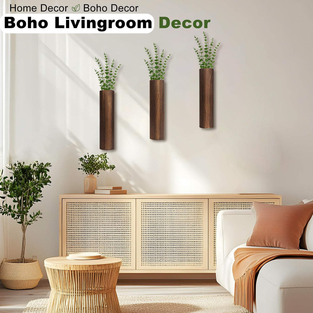 Fttoyoly 3 Pack Wood Wall Planter with Artificial Eucalyptus, Modern Wall Decor for Living Room Bedroom Bathroom Entryway, Farmhouse Boho Wall Vases for Dried Flowers and Faux Plants Fttoyoly