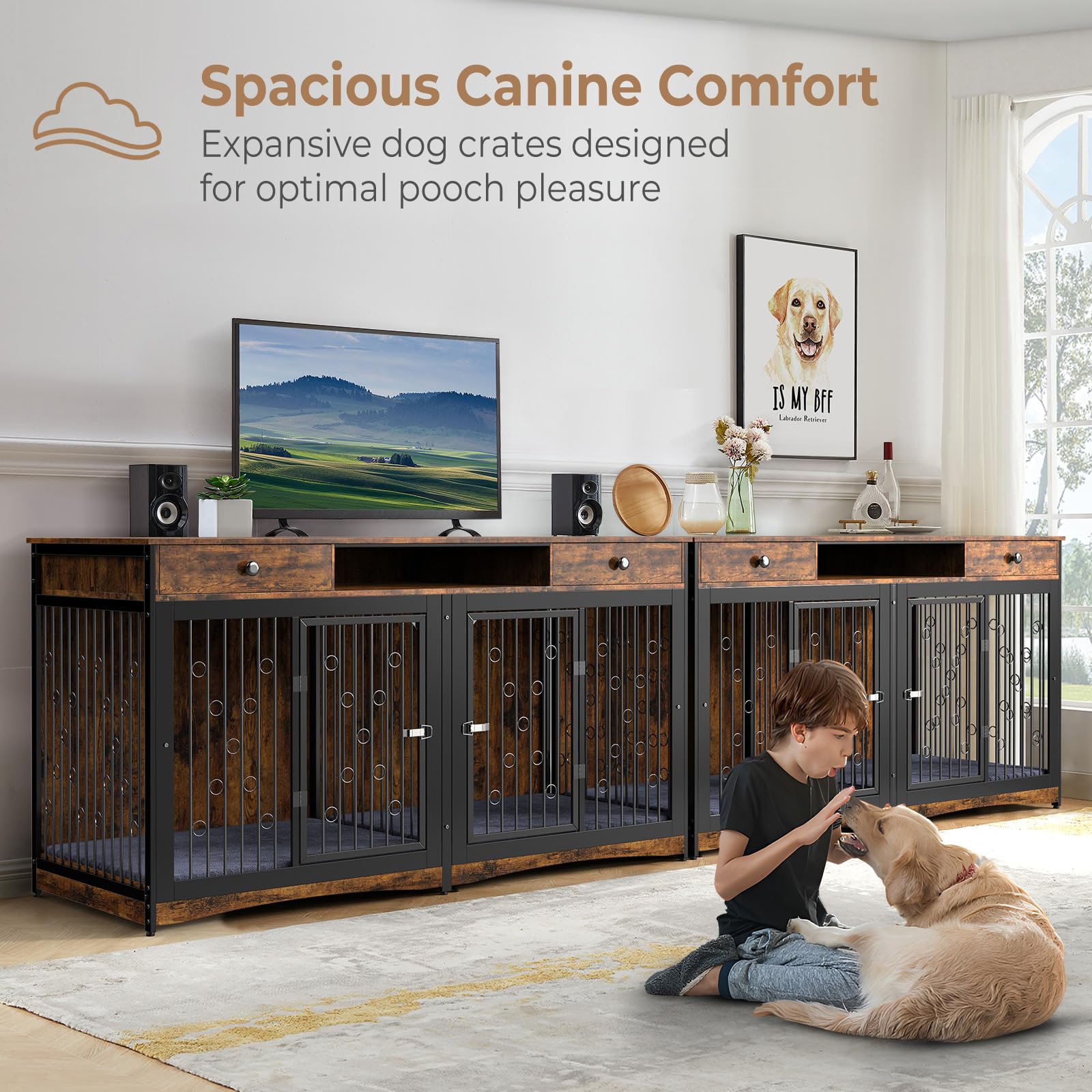 Lyromix 70.86'' Dog Crate Furniture Large Breed TV Stand with 2 Drawer & Double Rooms,Wooden Dog Kennel Dog Crate End Table with Cushion Removable Divider for Large Medium Dogs, Brown - WoodArtSupply