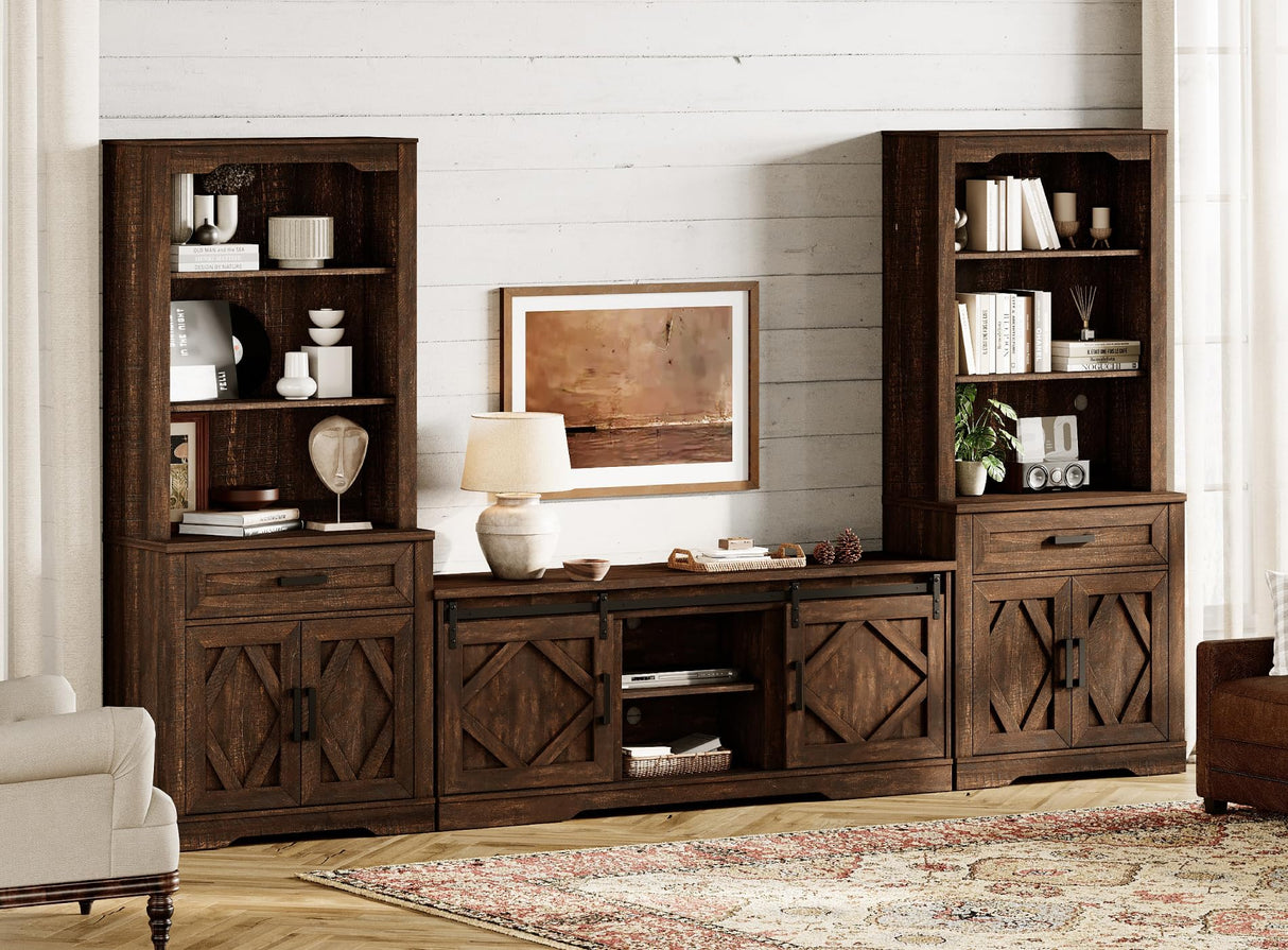 WAMPAT Farmhouse Entertainment Center with Bookshelf for TVs up to 75",Mid Century Modern TV Stand with 73"H Tall 5-Tier Bookcase with Open Storage and Barn Doors for Living Room,Bedroom,Rustic Brown WAMPAT