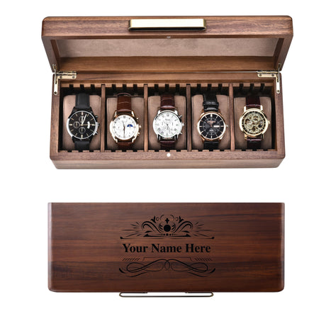 Shanik Wooden Watch Box for Men - Personalized Storage with 5 Slots for Watches, Soft Velvet Pillows, Natural Acacia Wood (Wooden Watch Box/Without Engraving) Shanik