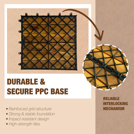10 pcs Premium Acacia Wood Interlocking Decking Tiles – 12x12x0.9in Weatherproof Patio Flooring Outdoor – Interlocking Deck Tiles for Balcony, Backyar & Poolside, All-Weather Use (Golden Teak Finish) GREEN ALLUVIUM