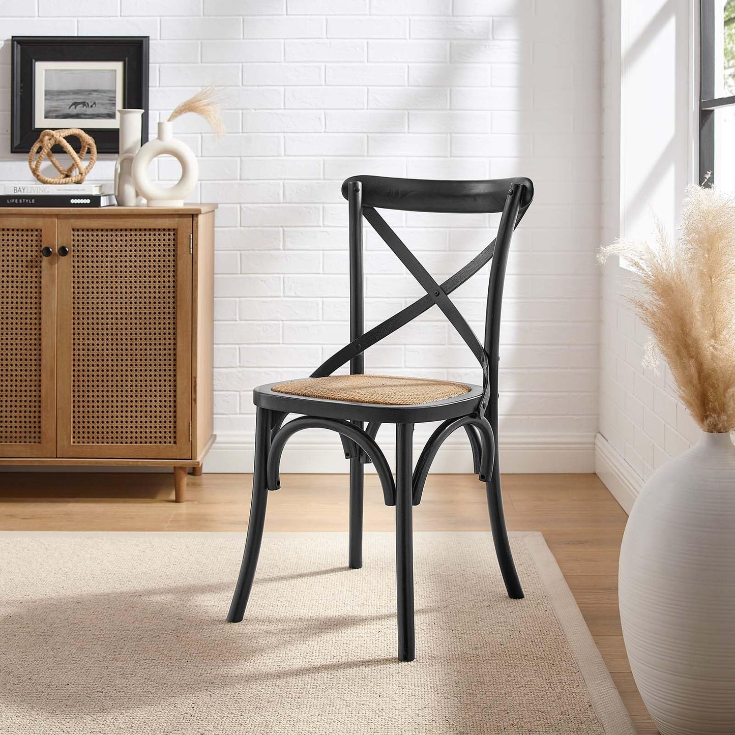 Modway Gear Rustic Modern Farmhouse Elm Wood Rattan Dining Chair in Black - WoodArtSupply