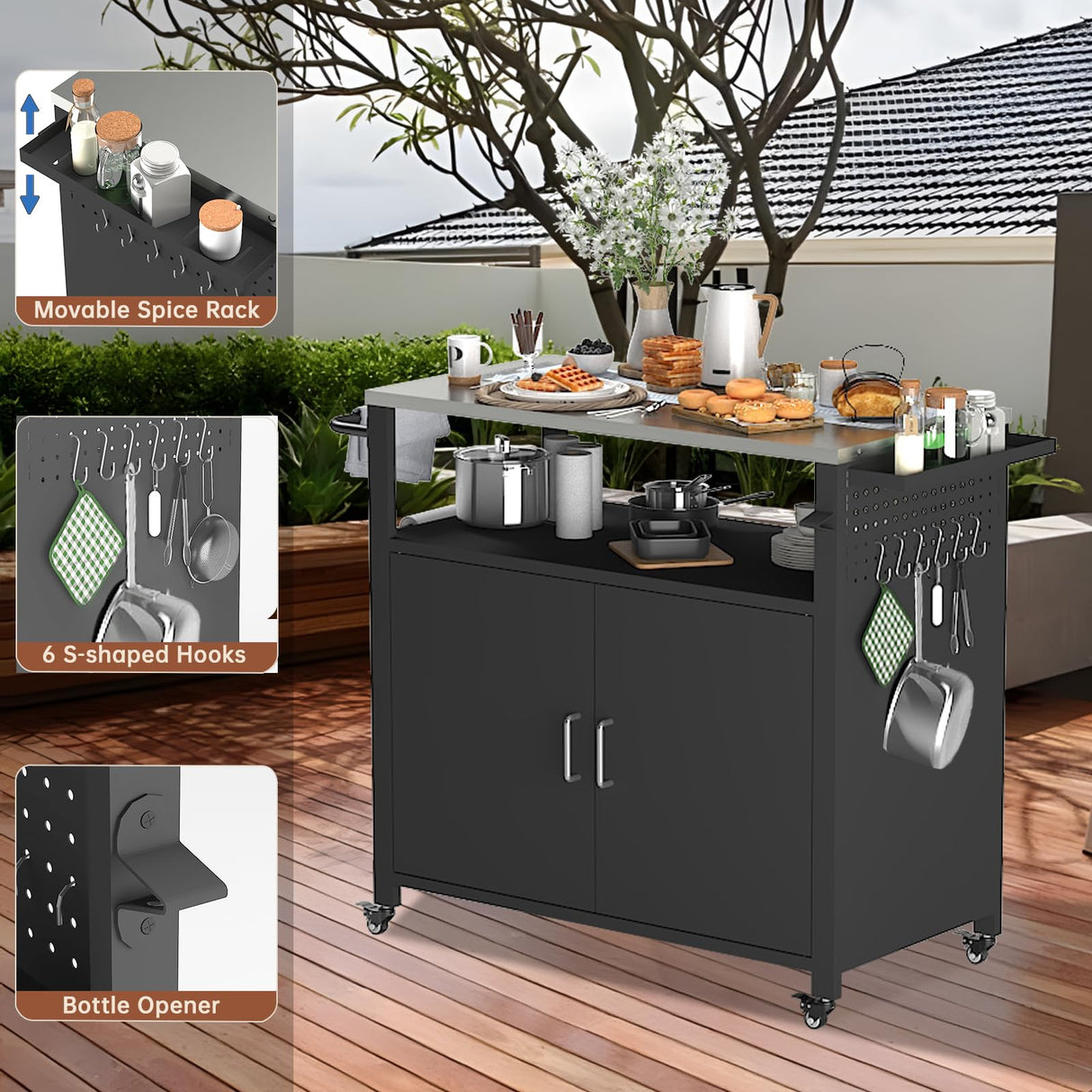 Outdoor Grill Table with Storage, Outdoor Grill Cart for BBQ, Patio, and Backyard, Outdoor Kitchen Island with Stainless Steel Top, 44.88 x 18.11 x 35.43 inch Samesay