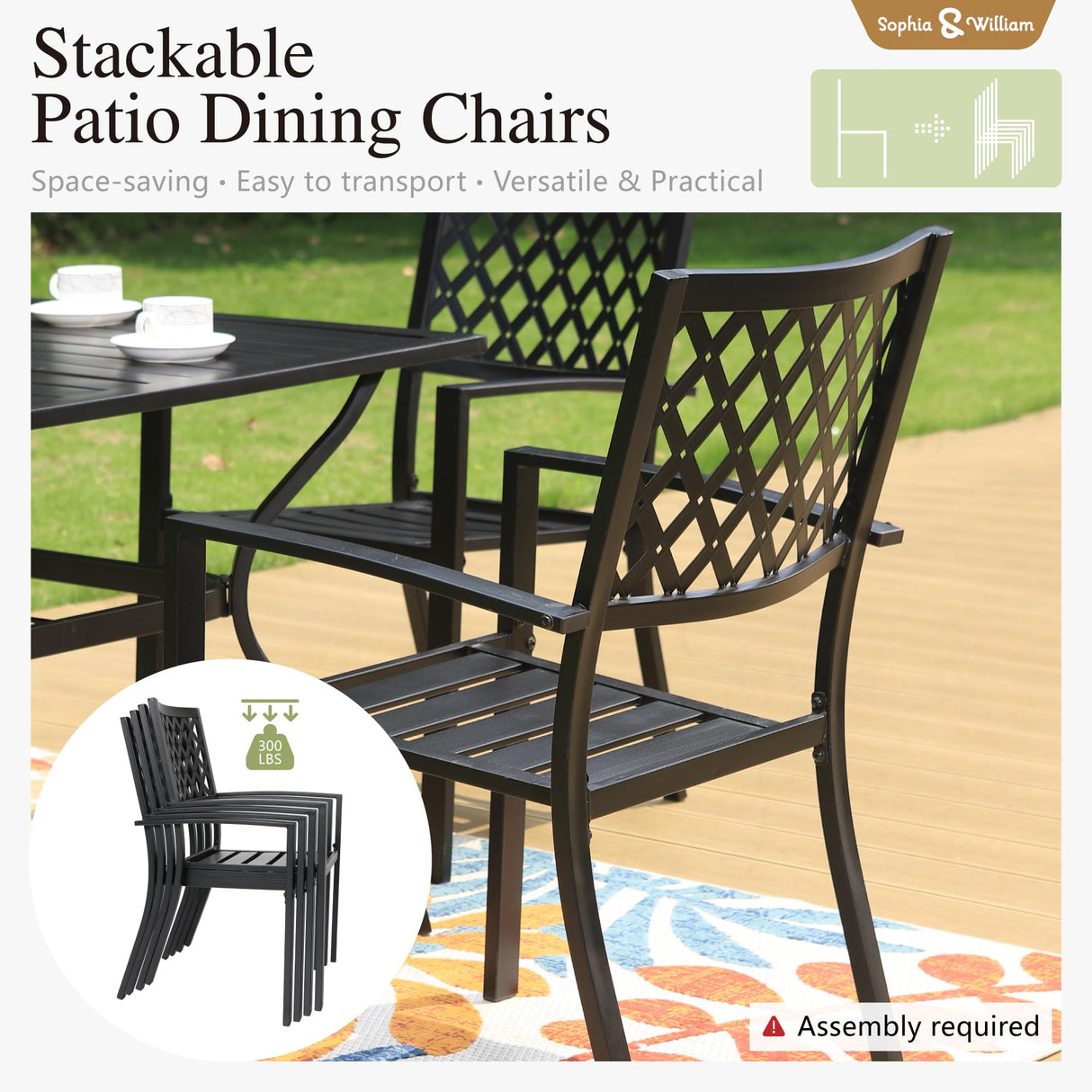 Sophia & William Metal Outdoor Patio Dining Set 6 PCS with 10ft 3 Tier Auto-tilt Umbrella(Navy Blue), 4 x Metal Outdoor Chairs, 1 x Square 37"x 37" Dining Table and 1 Patio Umbrella Sophia & William