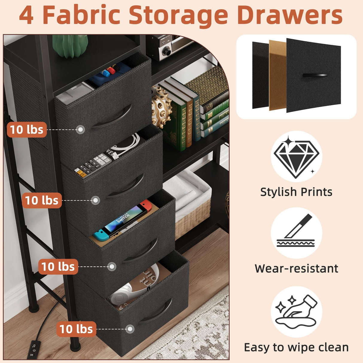 AFLUI Corner Bookshelf with LED Light Strips & 4 Fabric Drawers, 5-Tier Convertible Corner Shelf with Display Shelf, Large Wood Industrial Bookcase for Living Room, Bedroom, Home Office, Black AFLUI