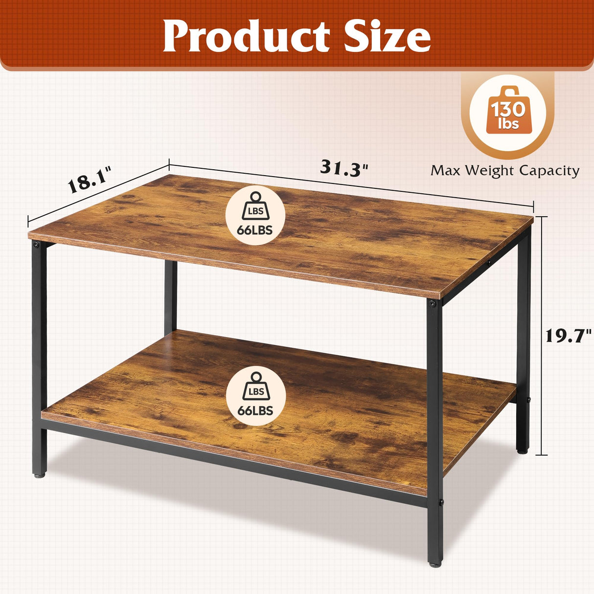 WLIVE Small Coffee Table for Living Room, 31.3" Modern Industrial Coffee Table with Storage Shelf & Metal Frame, 2-Tier Wood Center Table for Small Spaces Apartment, Home, Rustic Brown WLIVE