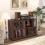 VAXZOFI Large Record Player Stand with Vinyl Storage, 500+ Vinyl Record Storage Cabinet, 47 Inch Record Player Table with Power Outlet, Farmhouse Wooden Turntable Stand for Living Room, Walnut VAXZOFI