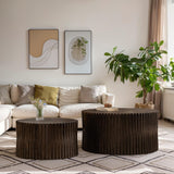 KIGFTSOD Vintage Modern Nesting Coffee Table Set of 2, Round Wooden Table Accent End Table Cylindrical Set with Vertical Textured Embossed Design for Living Room, Apartment (Dark Brown) KIGFTSOD