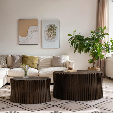 KIGFTSOD Vintage Modern Nesting Coffee Table Set of 2, Round Wooden Table Accent End Table Cylindrical Set with Vertical Textured Embossed Design for Living Room, Apartment (Dark Brown) KIGFTSOD