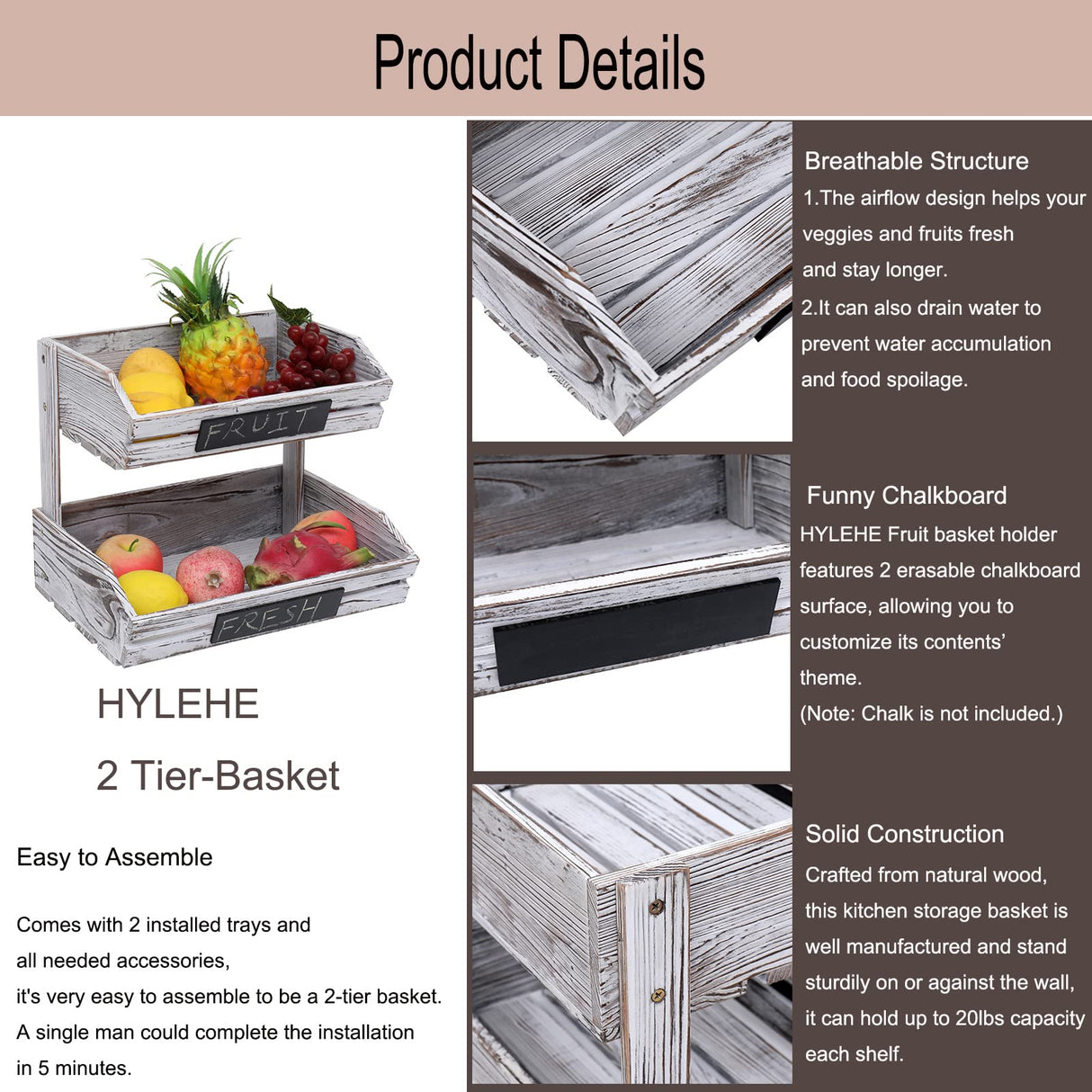 HYLEHE Fruit Basket Holder Vegetable Stand Bread Racks,2 Tier Farmhouse Standing Wooden Organizer,Classic Pastoral Food Basket for Kitchen,Office,Dining Room and Guest Room (Need Assemble) HYLEHE