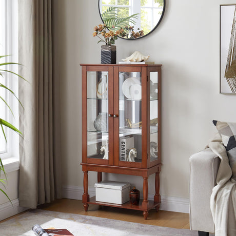 Eyisean Lighted Display Cabinet, 48" H Curio Cabinet with Open Storage Space, Tempered Glass Doors and Acrylic Mirrored Back Panel, Rack for Living Room (Bulb Not Included) (Walnut) Eyisean