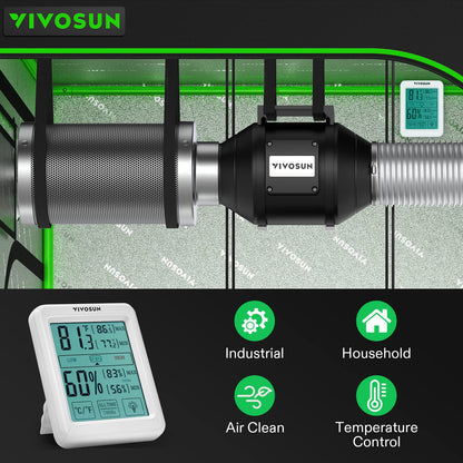 VIVOSUN 4 Inch 190 CFM Inline Fan with Speed Controller, 4 Inch Carbon Filter and 8 Feet of Ducting, Temperature Humidity Monitor for Grow Tent Ventilation - WoodArtSupply