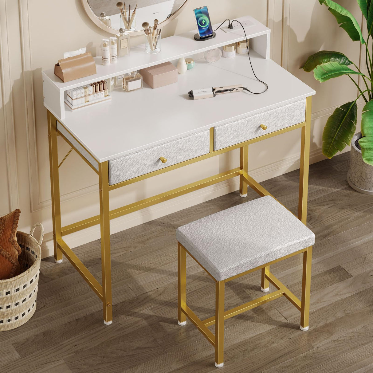 Seventable Vanity Desk Without Mirror, Makeup Vanity with Drawers and Charging Station, Small Desk with Storage for Bedroom, Simple Home Office Computer Desk for Small Spaces, White and Gold Leg Seventable