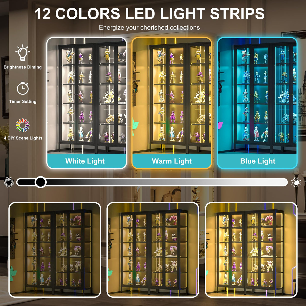 Desirable Life 5 Tier Glass Display Cabinet with 12 Color LED Lights, 67" Lighted Curio Cabinet with Glass Doors & Adjustable Shelves, Tall Metal Glass Display Case for Collectibles - Black Desirable Life