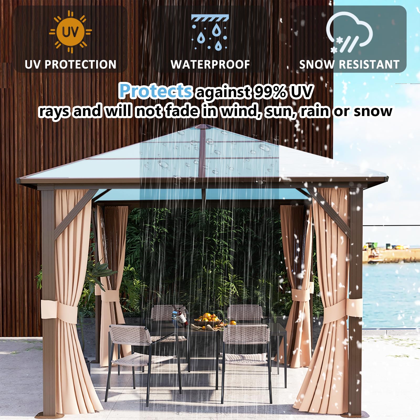 Aoxun 10' x 10' Gazebo Single Polycarbonate Roof, Outdoor Aluminum Frame Everlasting Pergolas with Netting and Curtains, for Backyards, Patios, Parties, Gardens and Lawns - WoodArtSupply