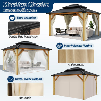 COVERONICS 13FT x 15FT Outdoor Cedar Wooden Gazebo - Patio Wood Frame Gazebo with Galvanized Steel Hardtop, Heavy-Duty Hardtop Gazebo with Netting & Curtains for Garden, Poolside, Deck, Backy - WoodArtSupply