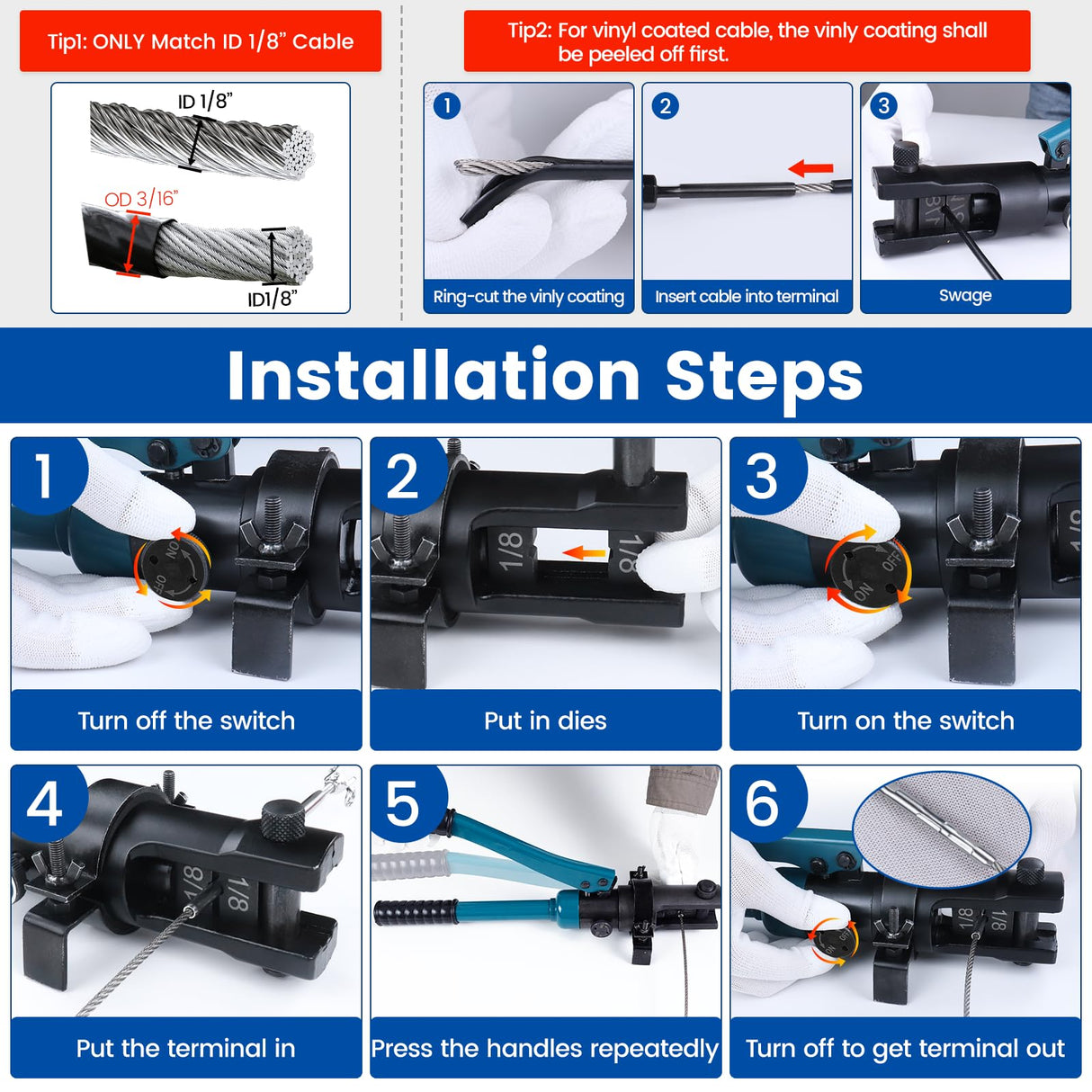 Muzata Upgraded Custom Cable Railing Crimping Tool Hydraulic Crimper Hydraulic Crimping Tool for 1/8" 5/32" 3/16" Stainless Steel Cable Railing Kit Wire Rope Swaging Kit with Wire Cutter CT01 Muzata