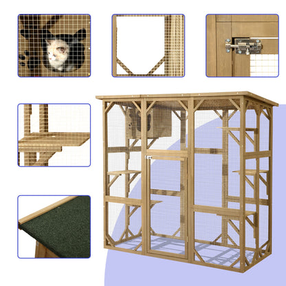 LEISU Large Outdoor Cat House Outdoor Wooden Cat Cage Cat Enclosure with Weatherproof Large Run, Jumping Platforms for Play Catio Cat Patio with Large Entrance Easy to Clean (Begin Color)