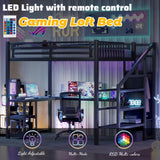 Full Size Loft Bed with Desk and Storage Stairs,Metal Full Loft Bed Frame with Wardrobe and Shelf, High Loft Bed with LED Light and USB Charging Station for Kids, Teens, Adults, Black Mirightone