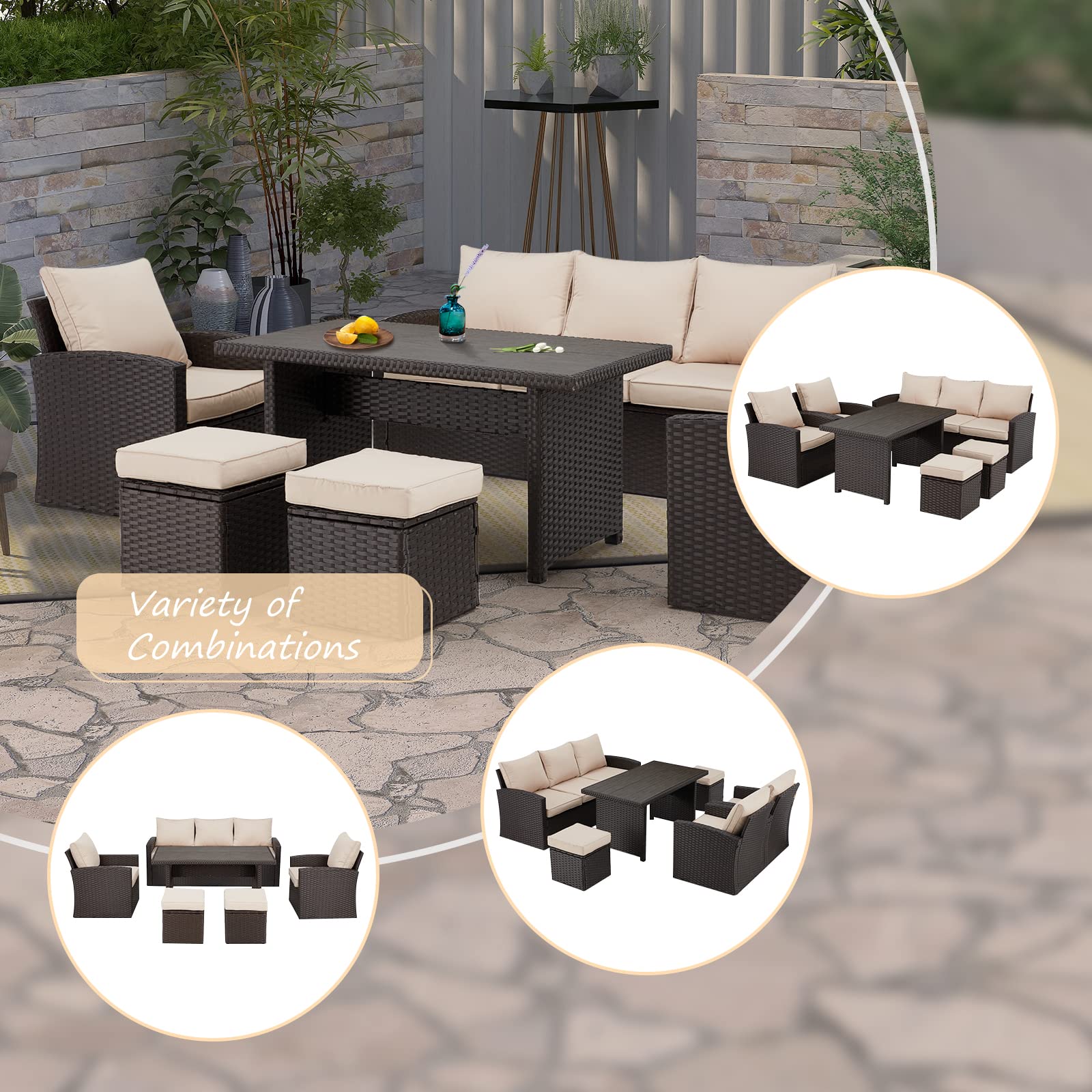 HOMREST 6 Pieces Patio Furniture Sets Clearance, Patio Dining Sofa Set Outdoor Sectional Sofa Conversation Set All Weather Wicker Rattan Couch Dining Table & Chair (Beige) - WoodArtSupply