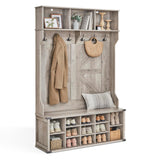 VASAGLE Hall Tree with Bench and Shoe Storage, Coat Rack with Shoe Bench, Entryway Furniture, 16 Open Compartments & Adjustable Shelf, 6 Tri-Hooks, Farmhouse Wooden Style, Heather Greige VASAGLE